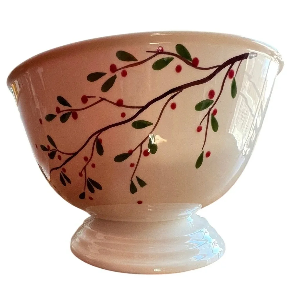 Farval Footed Serving Bowl Unisex 12x7 White Brand New Winter Berry Hand Painted